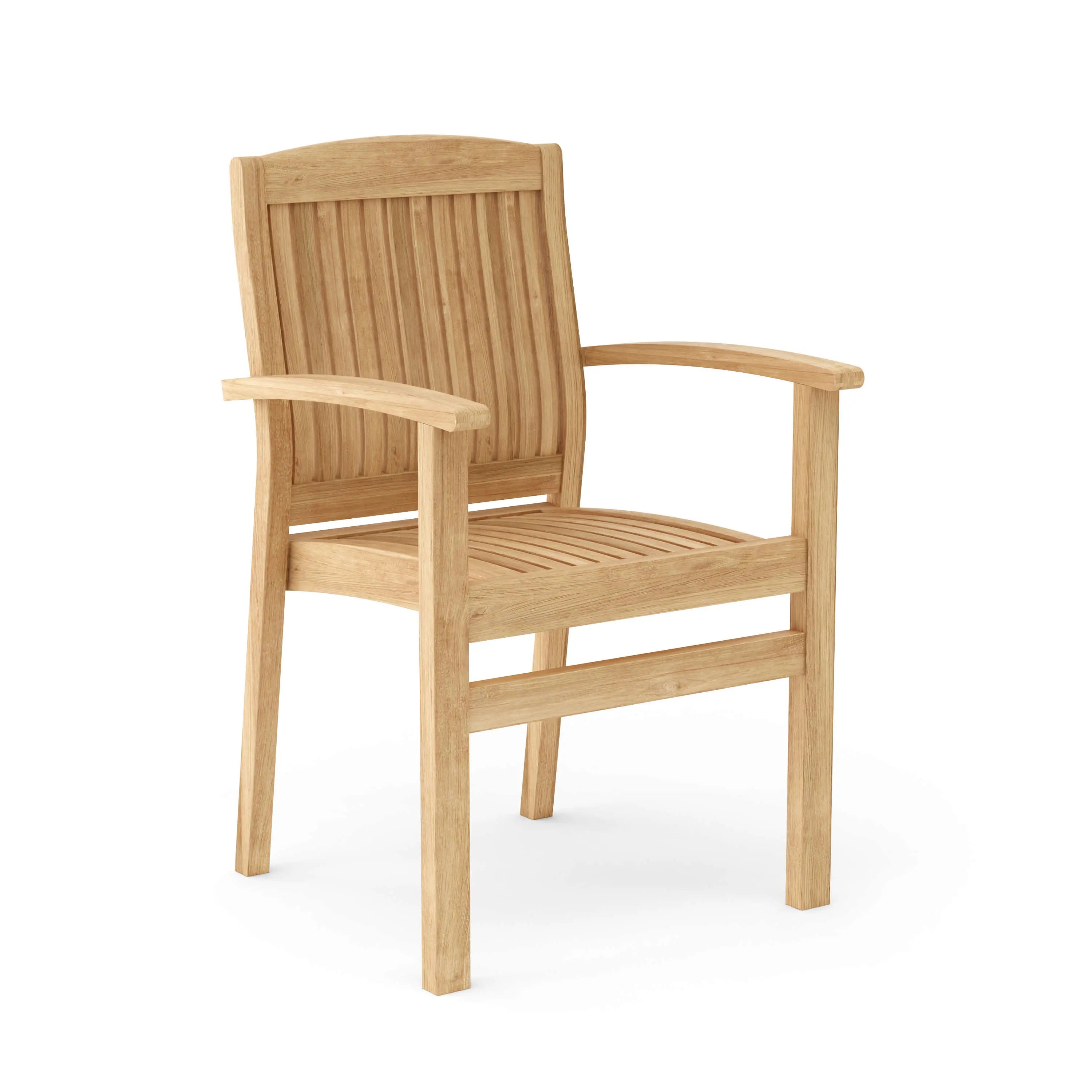 Teak stacking armchair with ergonomic curved back and slatted seat on a white background.