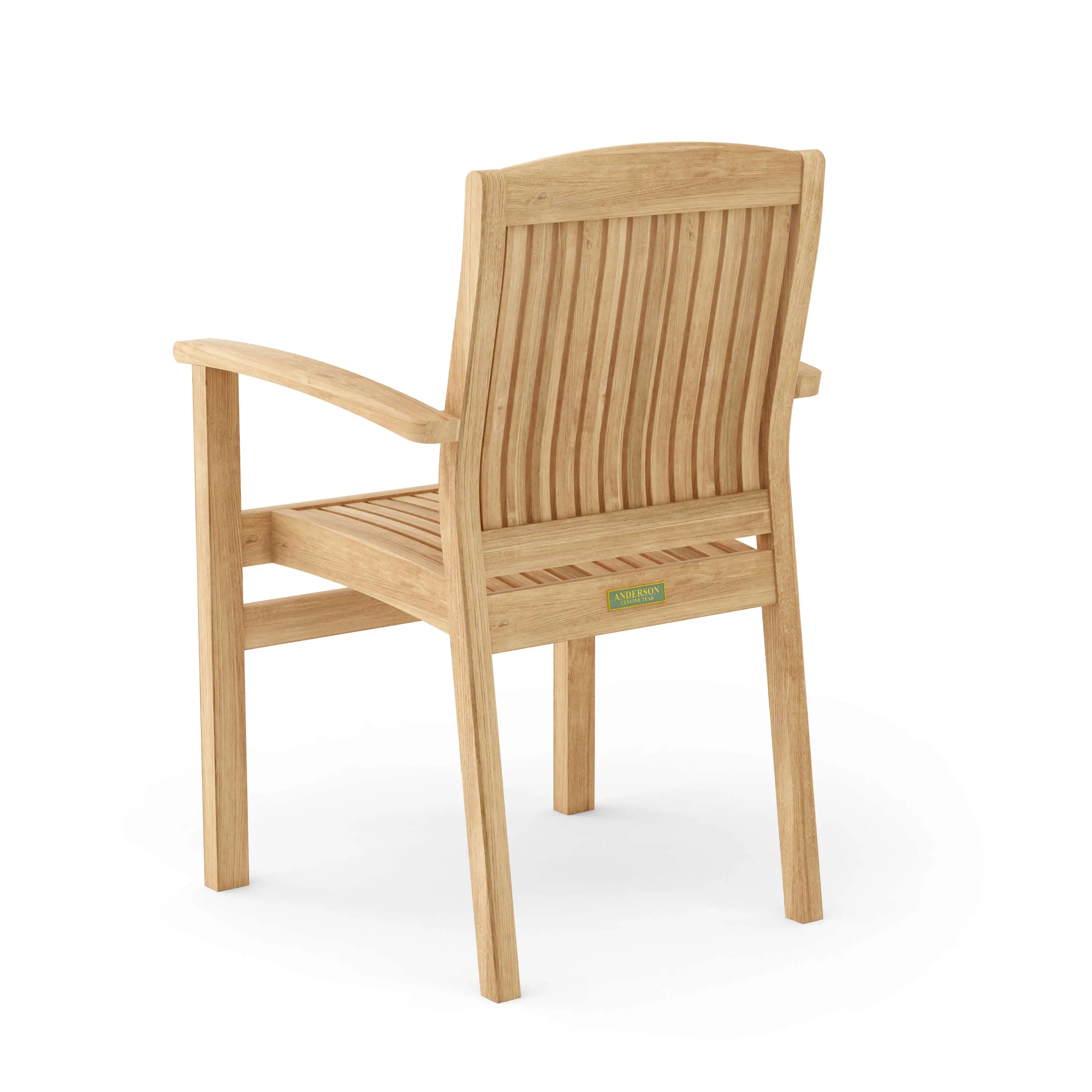Rear angled view of teak stacking armchair showing back slats and sustainable teak craftsmanship.
