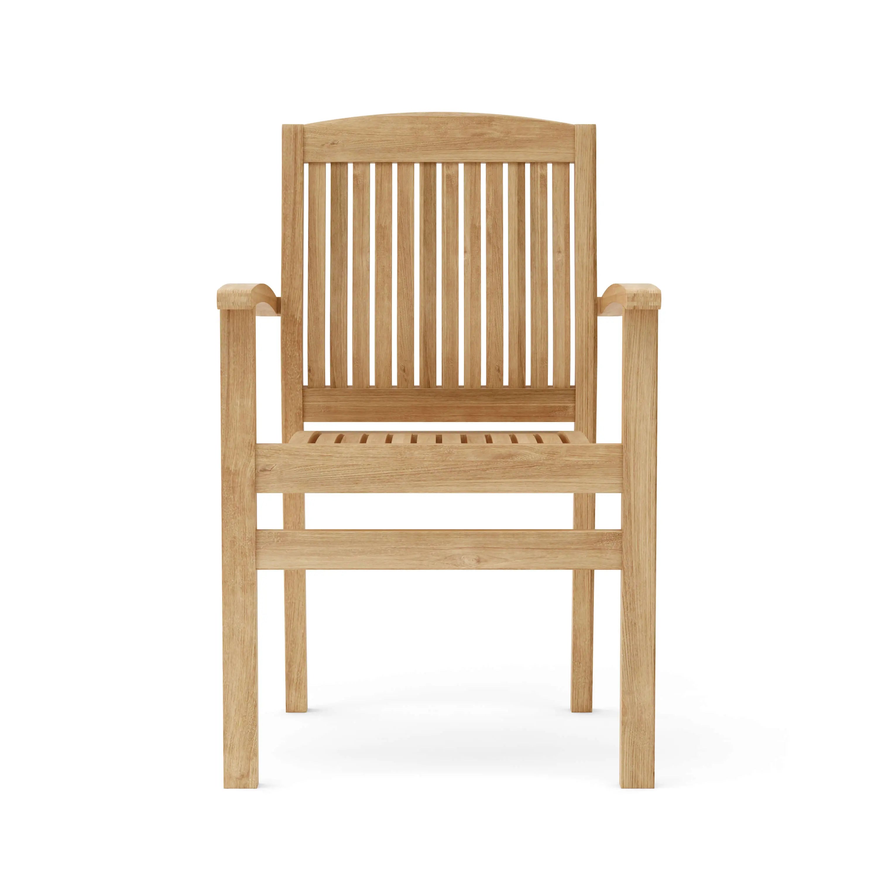 Front view of teak stacking armchair with contoured seat and armrests.