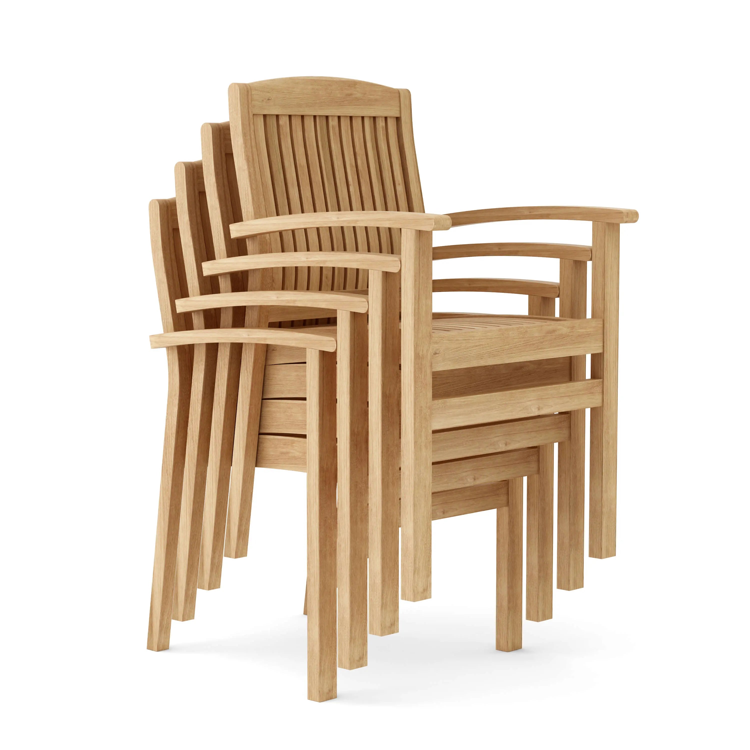 Four teak stacking armchairs nested together, highlighting space-saving stackable design.