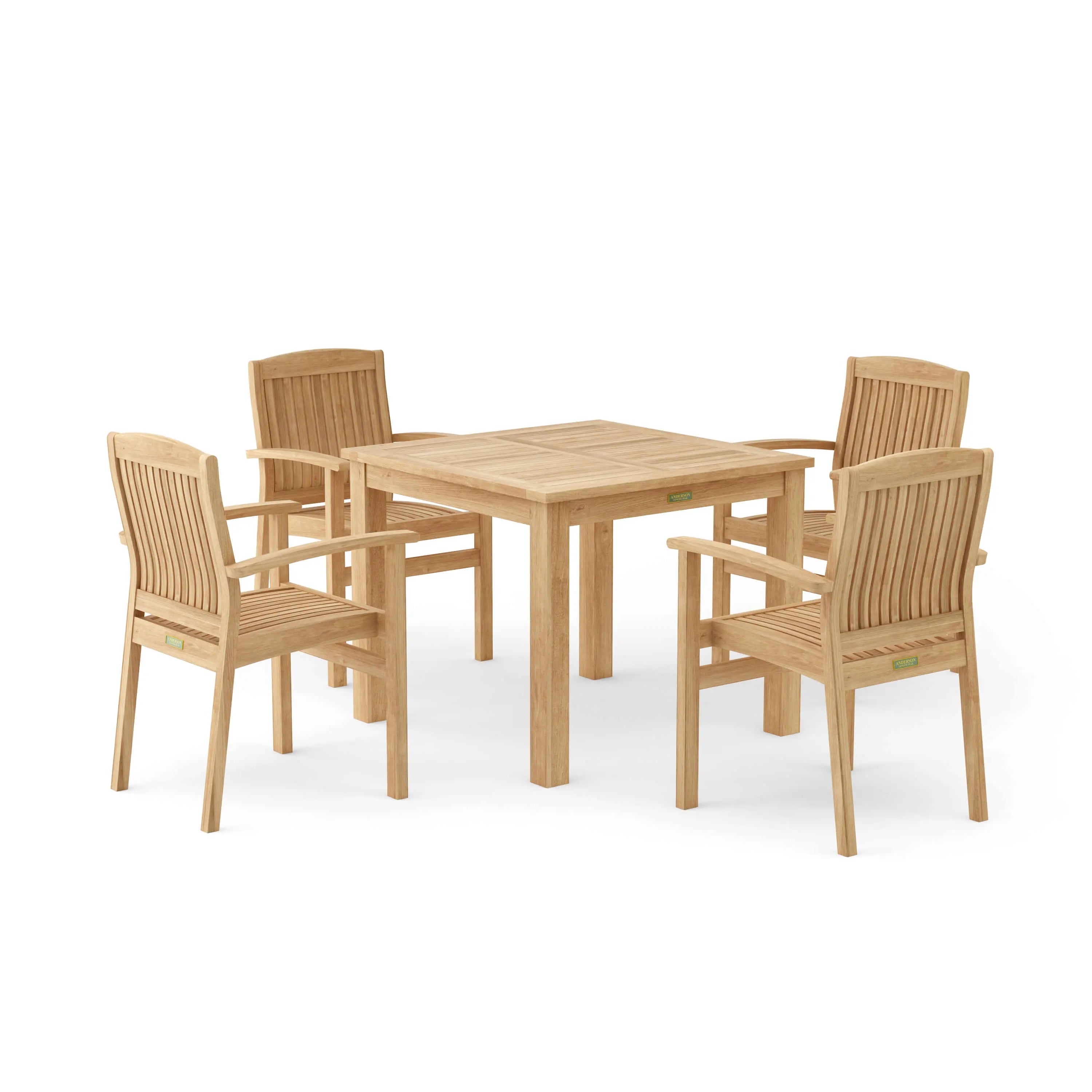 Teak bistro 5-piece outdoor dining set with four stackable armchairs and square table on a white background.