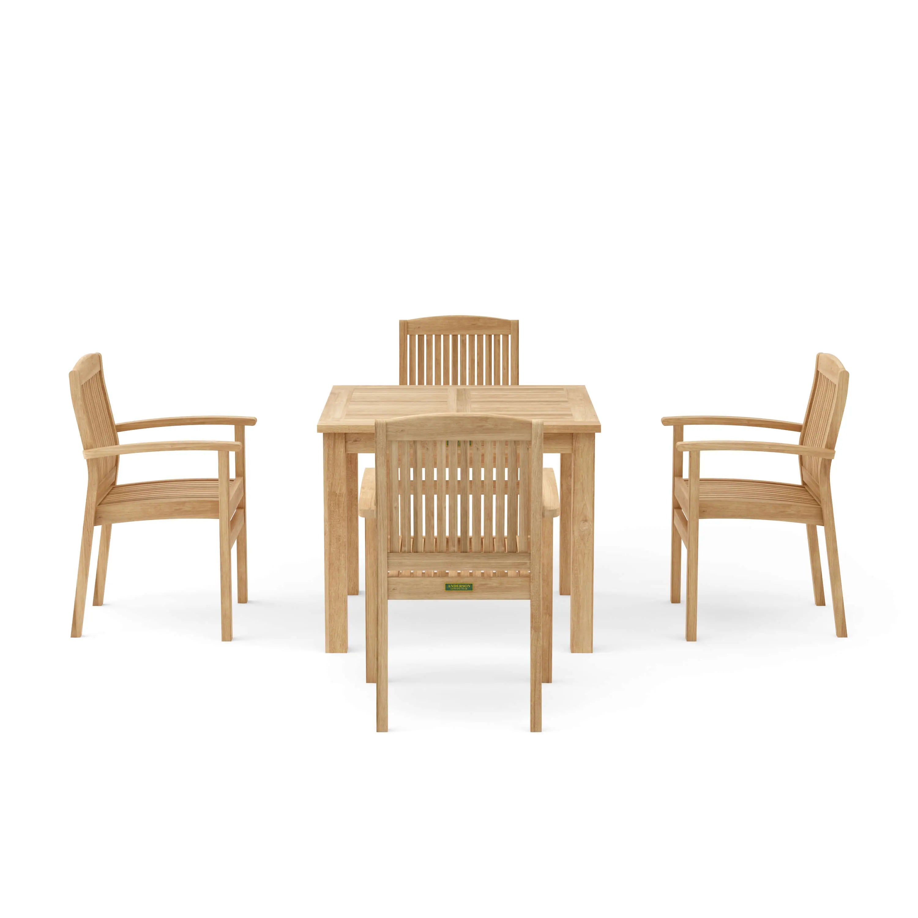 Front view of teak bistro 5-piece outdoor dining set with four stackable chairs and a square table.