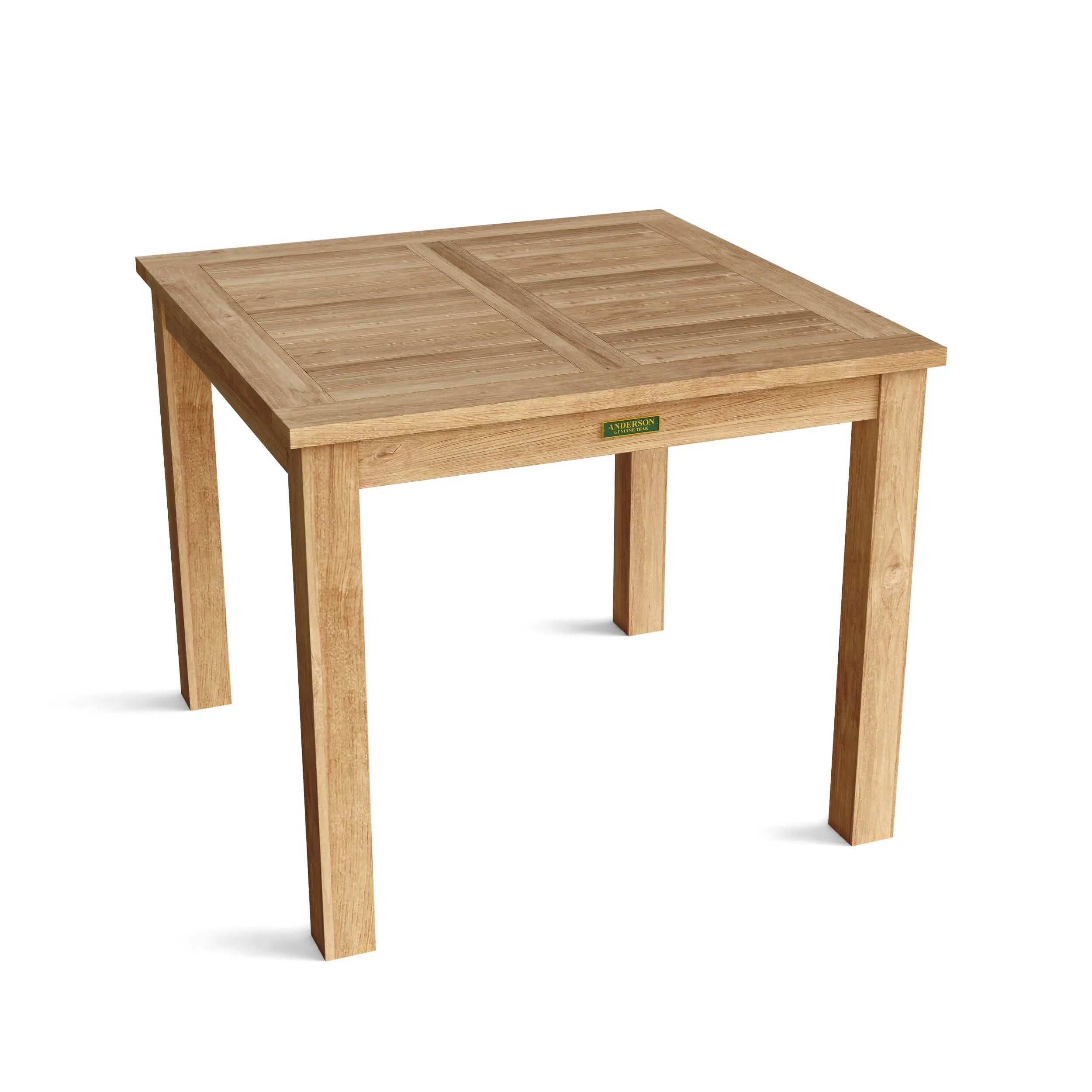 Angled view of square teak outdoor dining table showcasing the tabletop and sturdy legs.