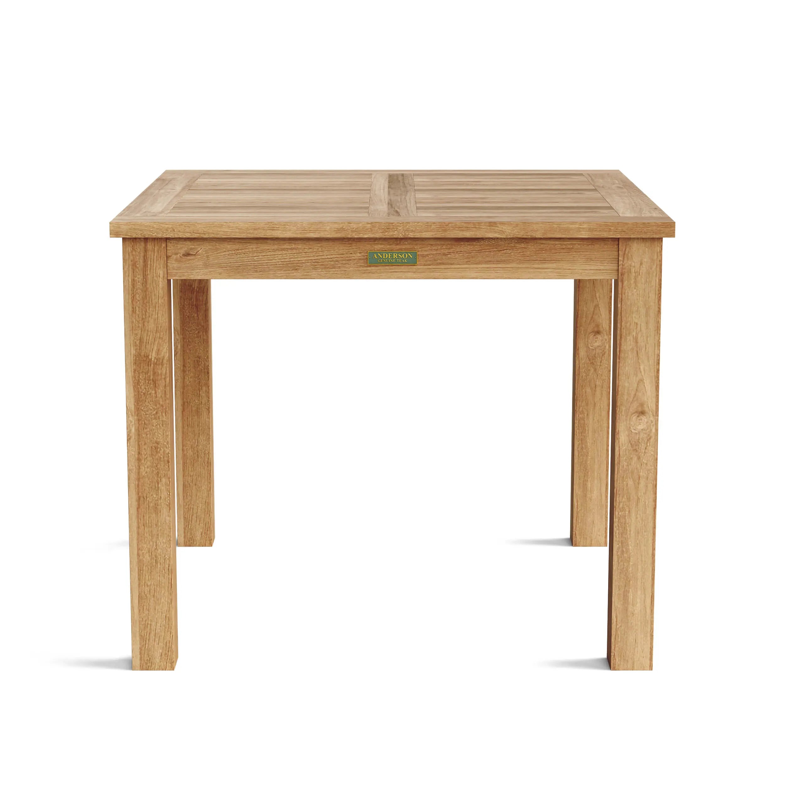 Square teak outdoor dining table with smooth finish and durable construction on a white background.