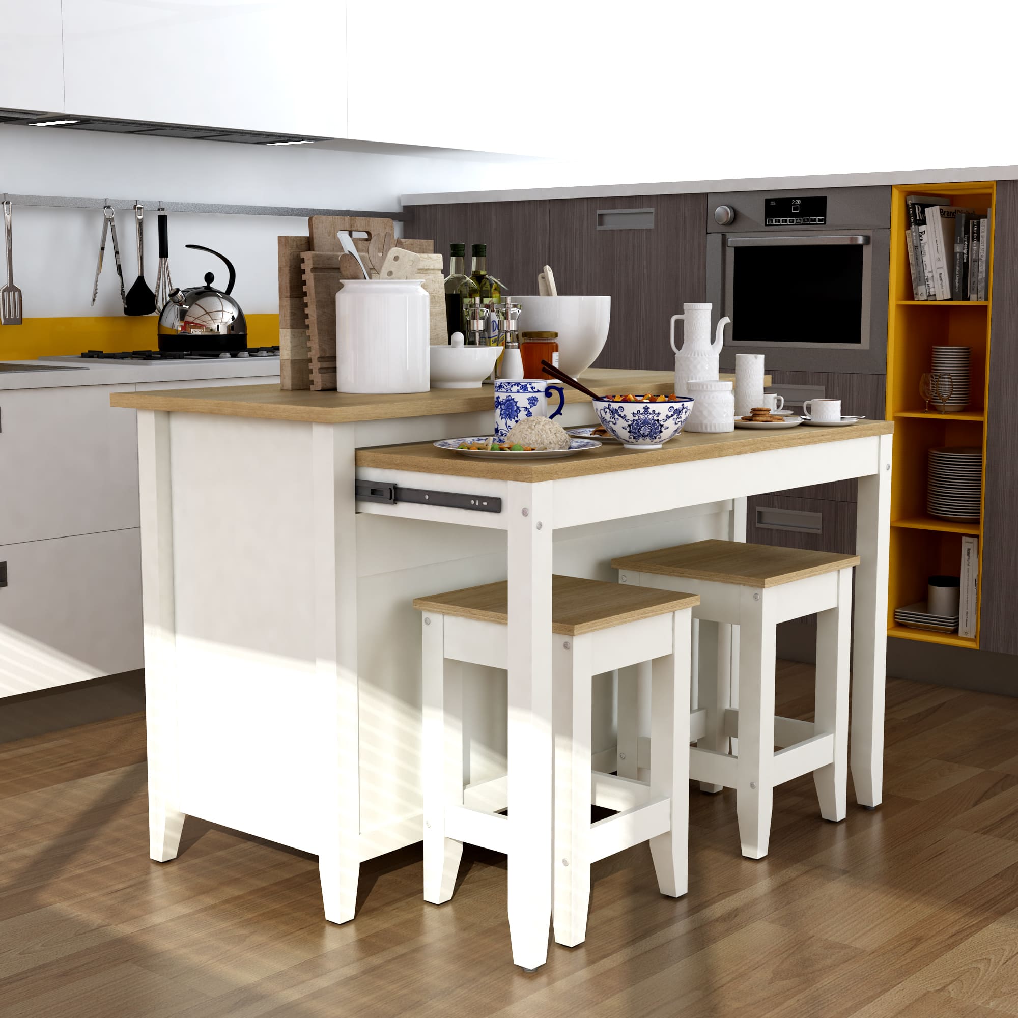 Delphi 53" Kitchen Island Cabinet With Two Stools – () by Modern Haus