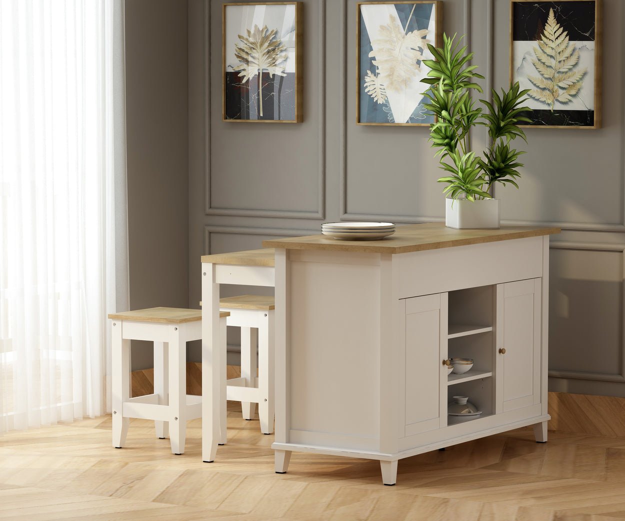 Delphi 53" Kitchen Island Cabinet With Two Stools – () by Modern Haus