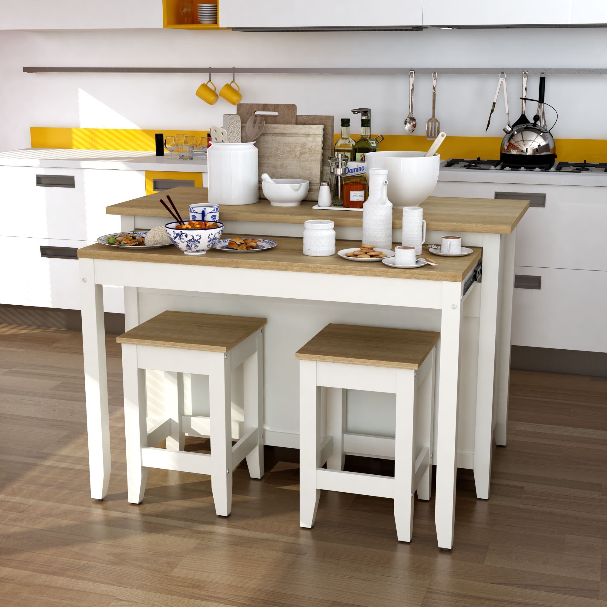 Delphi 53" Kitchen Island Cabinet With Two Stools – () by Modern Haus